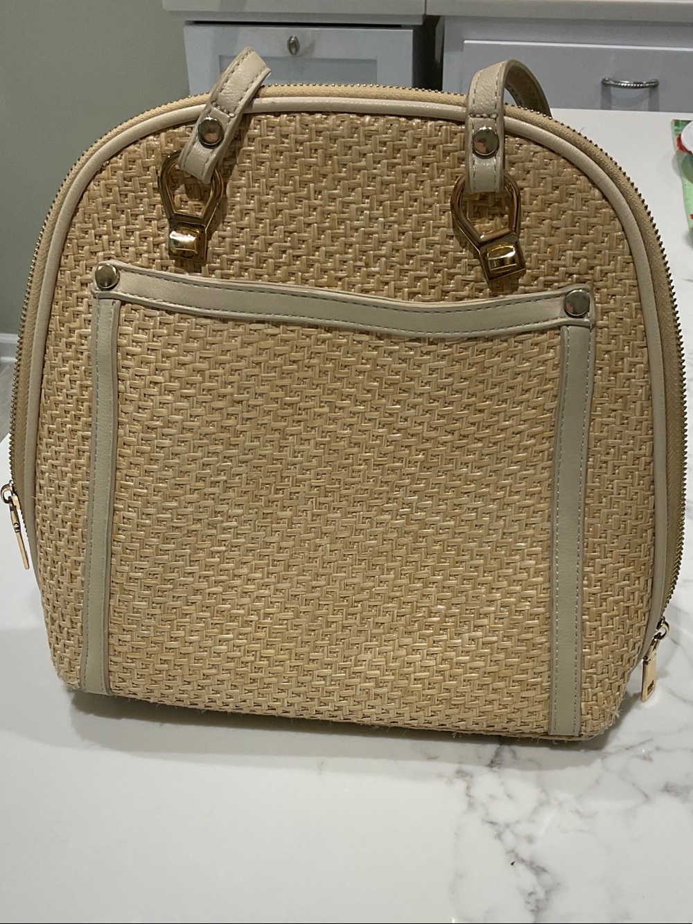 Miztique Woven Raffia Shoulder Bag in Beige with Cream Trim
